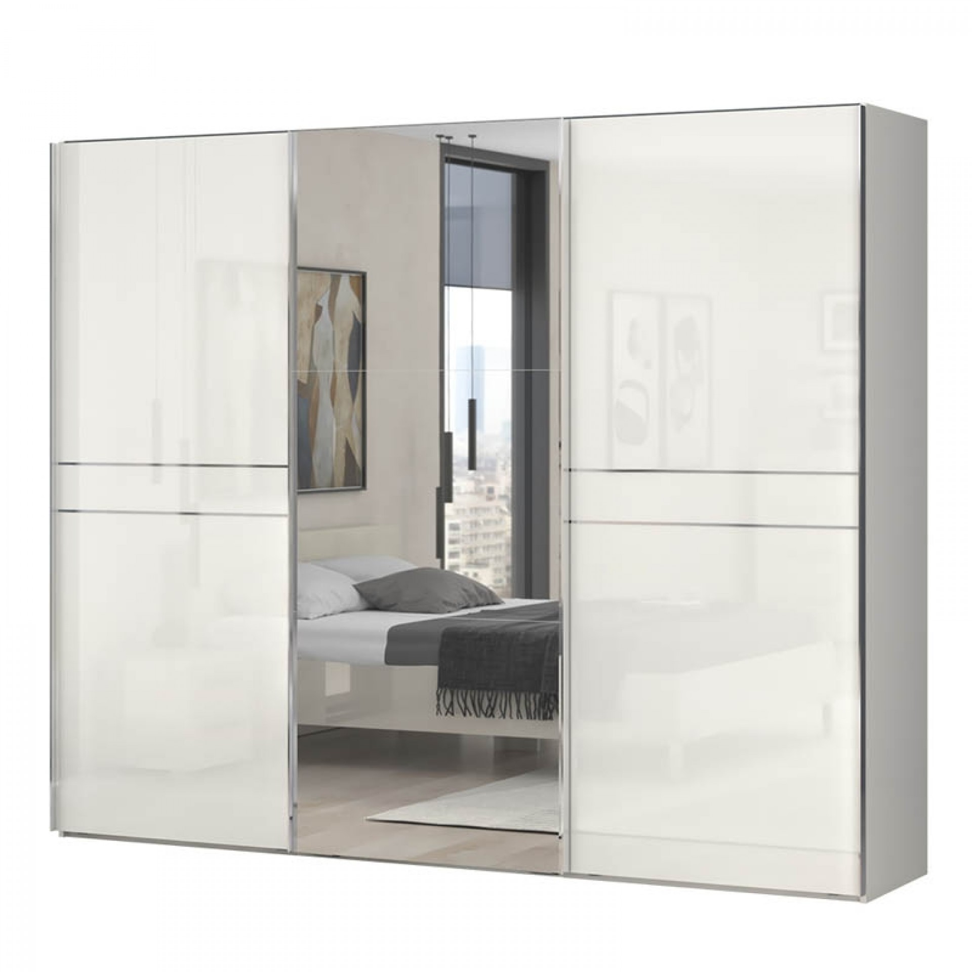 3-DELNA GARDEROBNA OMARA PIANO Z DRSNIMI VRATI IN OGLEDALOM-Bež