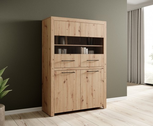 Nizka vitrina JANEZ v hrastu Artisan s steklenimi vrati - HRAST ARTISAN-ČRNA