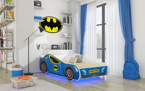 Otroška postelja BATCAR z LED osvetlitvijo in vzmetnico 140x70 cm - MODRA