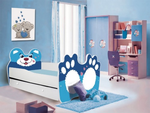 Otroška postelja BEAR BLUE z vzmetnico in predalom 140x70 cm - MODRA