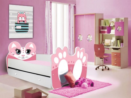 Otroška postelja BEAR PINK z vzmetnico in predalom 140x70 cm - ROZA
