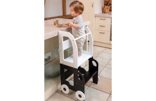 2v1 MONTESSORI STOLČEK POMAGALČEK-MOTIV AVTO (VEČ BARV)-Črna/Bela