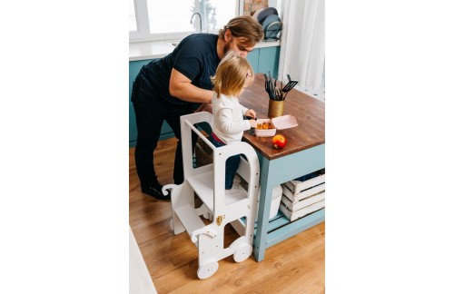 2v1 MONTESSORI STOLČEK POMAGALČEK-MOTIV VOZIČEK (VEČ BARV)-Bela