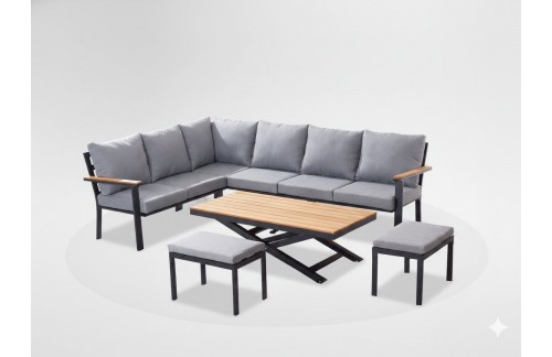 Aluminijasti vrtni set Lezar s tikovino (kotni kavč, miza in 2 tabureja, antracit)