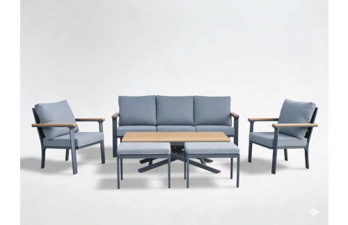 Aluminijasti vrtni set Lezor s tikovino (kavč, 2 fotelja, miza in 2 tabureja, antracit)