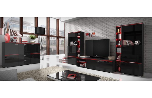 Dnevna soba Anton (črna, visoki sijaj)-Veliki set-osvetlitev-komoda