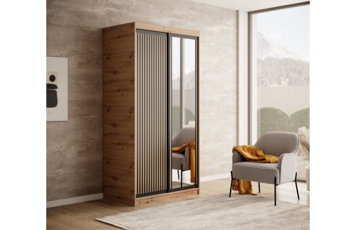 Drsna omara Delia z lesenimi lamelami 100 cm - HRAST ARTISAN-ČRNA