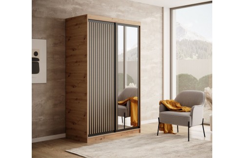 Drsna omara Delia z lesenimi lamelami 120 cm - HRAST ARTISAN-ČRNA