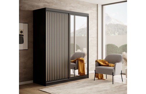 Drsna omara Delia z lesenimi lamelami 160 cm - ČRNA-HRAST