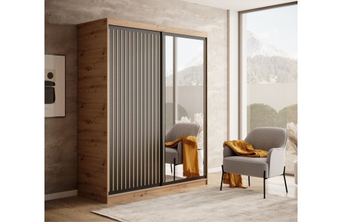 Drsna omara Delia z lesenimi lamelami 160 cm - HRAST ARTISAN-ČRNA