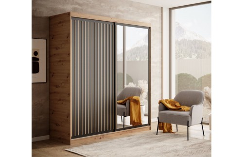 Drsna omara Delia z lesenimi lamelami 180 cm - HRAST ARTISAN-ČRNA