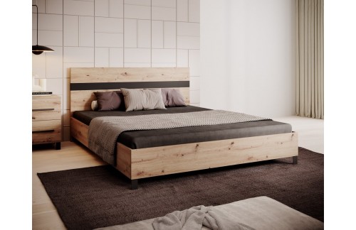 Dvoposteljna postelja MALEN z lesenim videzom in predalom - HRAST ARTISAN-HRAST