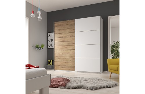 GARDEROBNA OMARA Z DRSNIMI VRATI 270 CM GALAXY - BELA/BOFORTOV HRAST