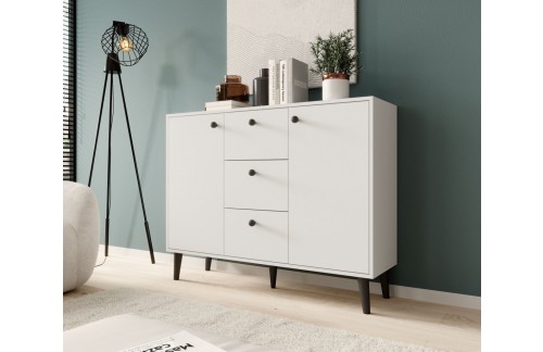 Komoda BESA z lesenimi nogami in 3 predali - BELA