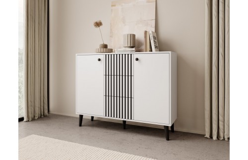 Komoda IKA z lesenimi nogami in 5 predelki - BELA-ČRNA