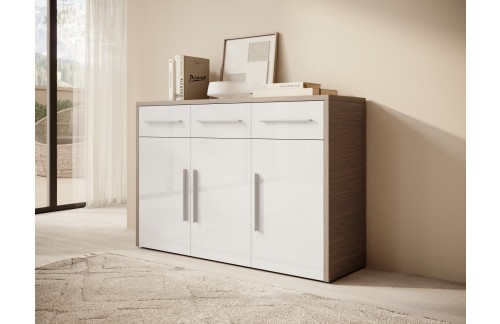 Komoda MARDEN z vrati in predali, bela/Mont Blanc - BELA (VISOKI SIJAJ)-MONT BLANC DARK