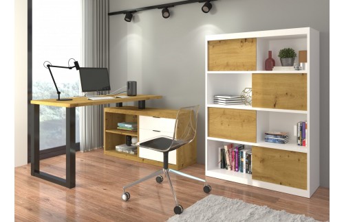 Kotna pisalna miza MARO II s predali - HRAST ARTISAN-ČRNA/BELA