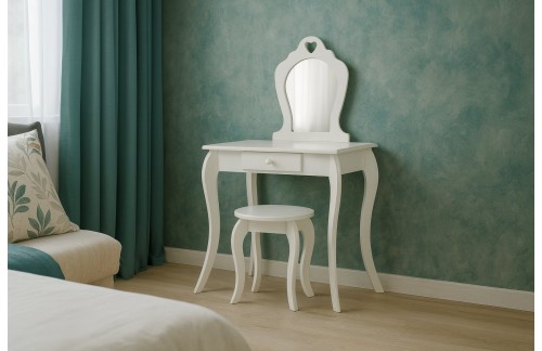 Majhna ličilna mizica Pepas z ogledalom in taburejem (bela)