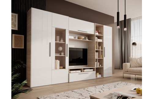 Moderna dnevna sestava SMERA z vitrinami in policami - BELA (VISOKI SIJAJ)-SONOMA HRAST