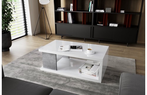 Moderna klubska mizica LUKE z dodatno polico 110x60 - BELA-BETON