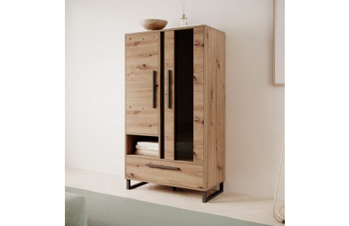 Nizka vitrina ARIA v hrastu Artisan s steklom - HRAST ARTISAN-ČRNA