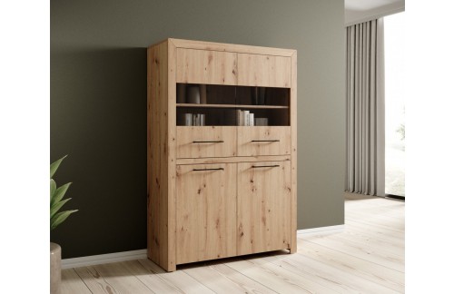 Nizka vitrina JANEZ v hrastu Artisan s steklenimi vrati - HRAST ARTISAN-ČRNA