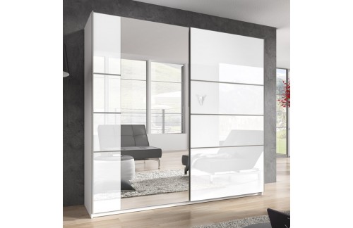 Garderobna omara z drsnimi vrati Beta (bela/bela visok sijaj)