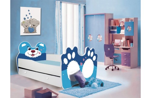 Otroška postelja BEAR BLUE z vzmetnico in predalom 140x70 cm - MODRA