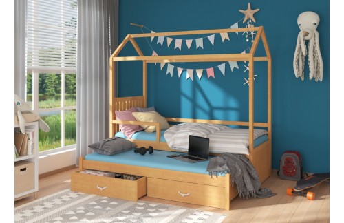 Otroška postelja hiška JONASZEK z ograjico in vzmetnicama 97 cm