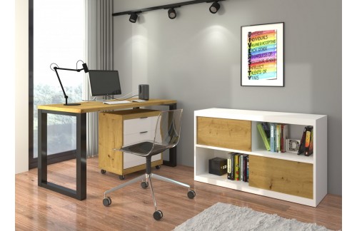 Pisalna miza z 3 predali MARO I, hrast/bela/črna - HRAST ARTISAN-ČRNA/BELA