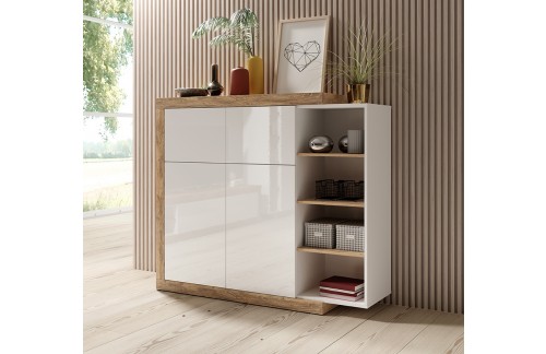 VISOKA VITRINA SINTRA - HRAST SAMDAL/BELA VISOK SIJAJ