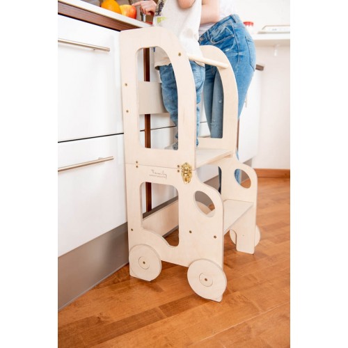 2v1 MONTESSORI STOLČEK POMAGALČEK-MOTIV AVTO (NATUR)