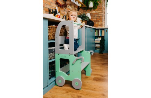 2v1 MONTESSORI STOLČEK POMAGALČEK-MOTIV VOZIČEK (VEČ BARV)-Siva/Zelena