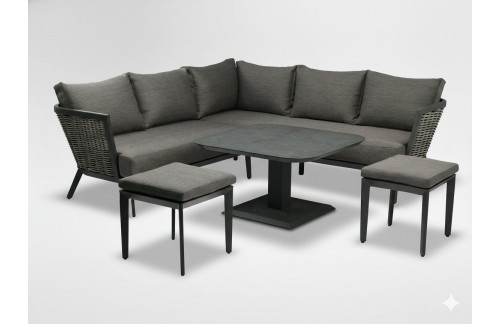 Aluminijast vrtni set Talin (siv; kotni kavč, 2 tabureja in mizica)