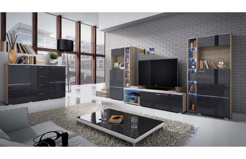 Dnevna soba Anton (hrast, antracit)-Veliki set-celotna osvetlitev