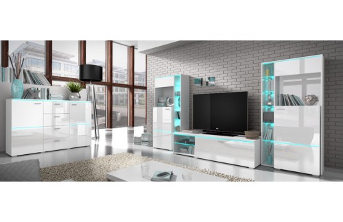 Dnevna soba Anton  (bela, visoki sijaj)-Veliki set-osvetlitev-regal