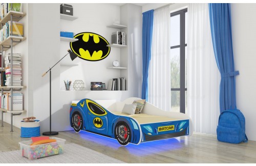 Otroška postelja BATCAR z LED osvetlitvijo in vzmetnico 140x70 cm - MODRA