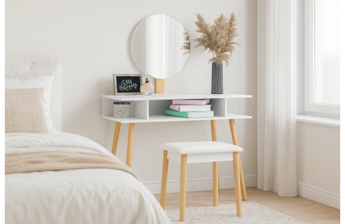 Retro ličilna mizica Relen z okroglim ogledalom in taburejem (bela)