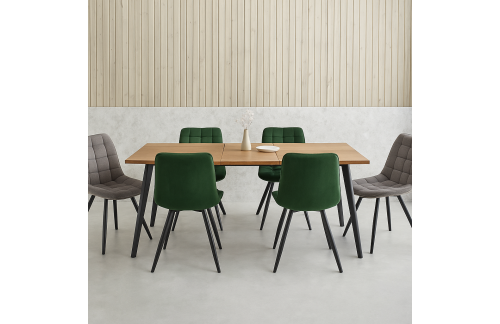 AKCIJSKI SET ORION – miza ORLAN (raztegljiva) + 2 stola HALEN (siva) + 4 stoli MORA (temno zelena)