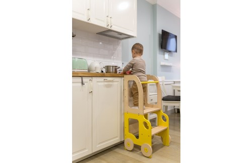 2v1 MONTESSORI STOLČEK POMAGALČEK-MOTIV AVTO (VEČ BARV)-Bela/Roza